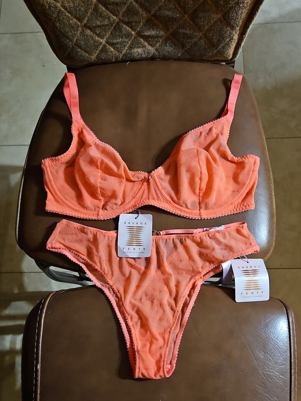Savage X Fenty Flocked Logo Unlined Underwire Bra And Panties Set Panty Pink NWT
